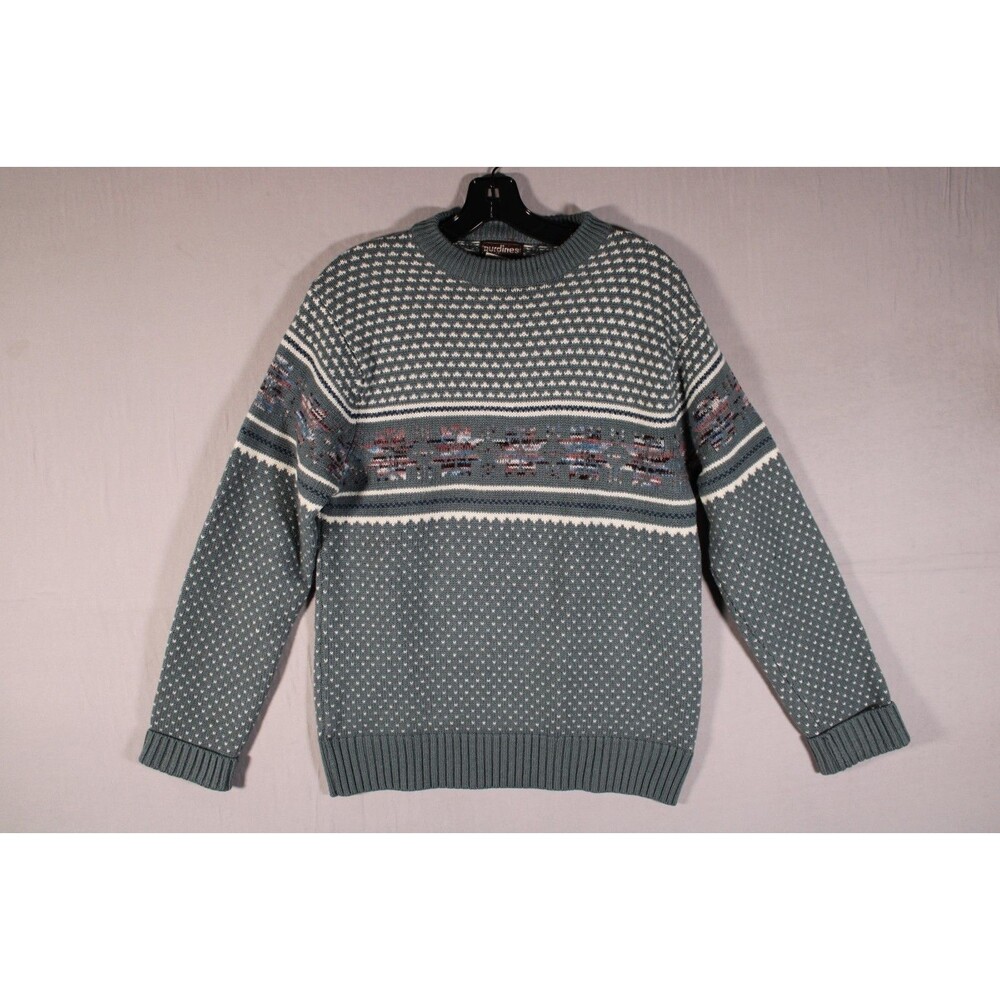 VTG Burdines Men's Large Gray Fair Isle Nordic Geometric Crewneck Knit Sweater